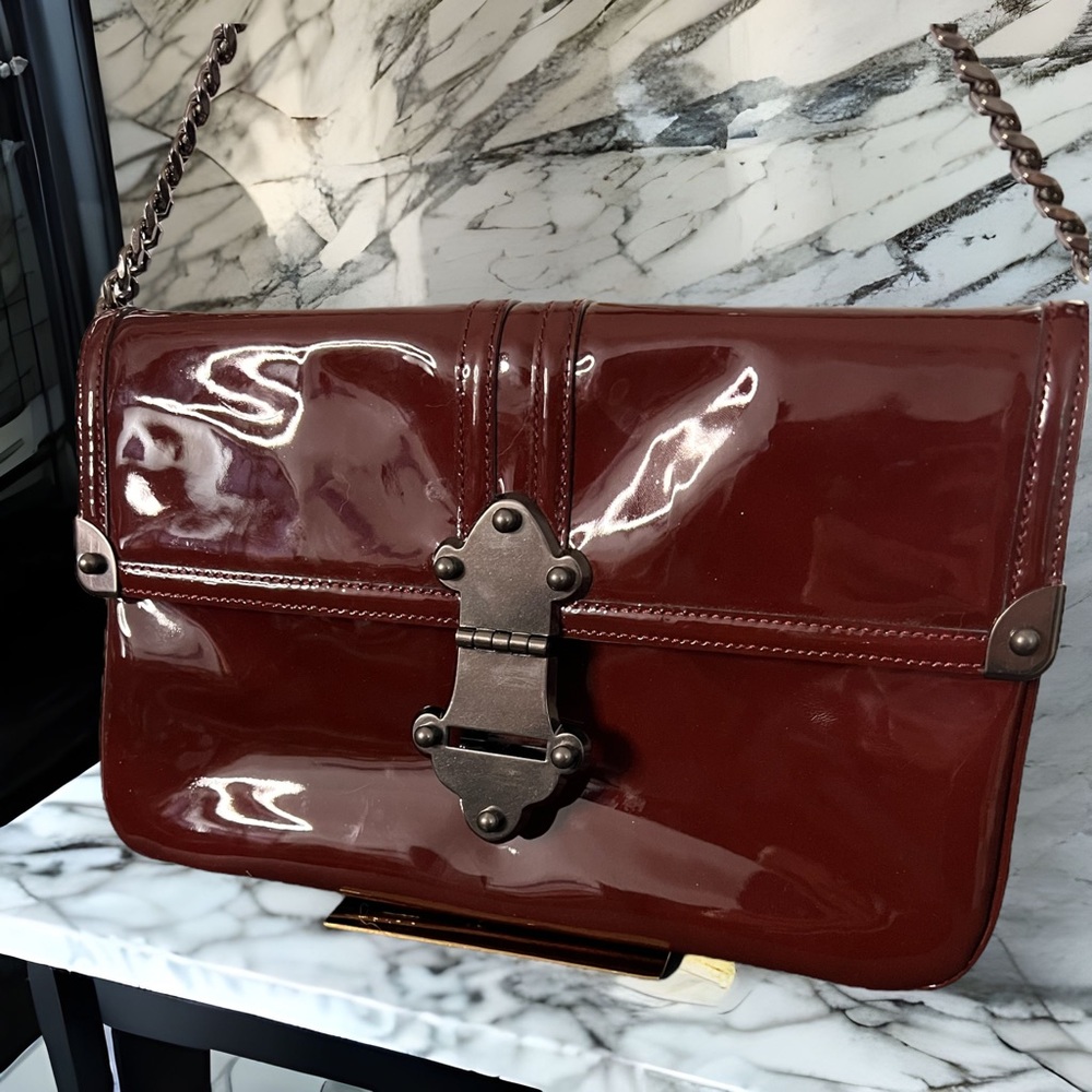 Tracy Reese Oxblood Patent Leather Clutch Shoulder Bag - Picture 2 of 10